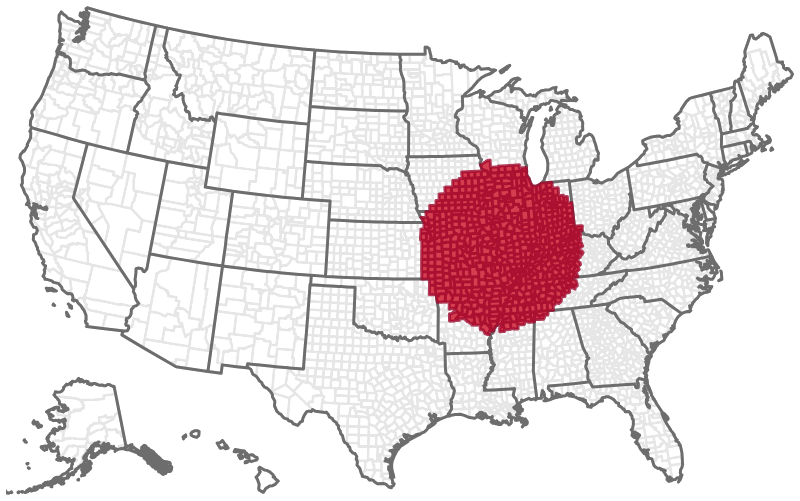 United States map with DistoTech coverage counties highlighted